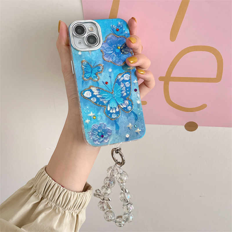 Verano Blu-ray flor mariposa para iPhone 15/16ProMax funda para teléfono móvil Apple 14/13 hembra 16 agujeros finos