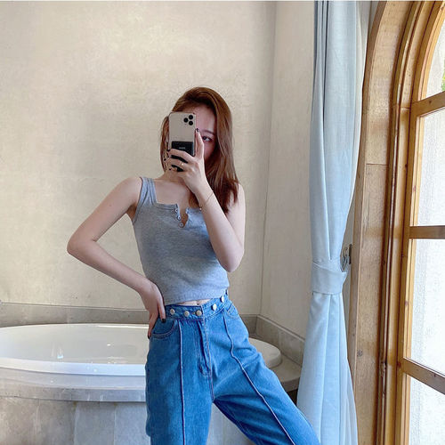 Hong Kong style short inner sleeveless knitted suspender top for women spring and summer outer wear tight basic hot girl vest