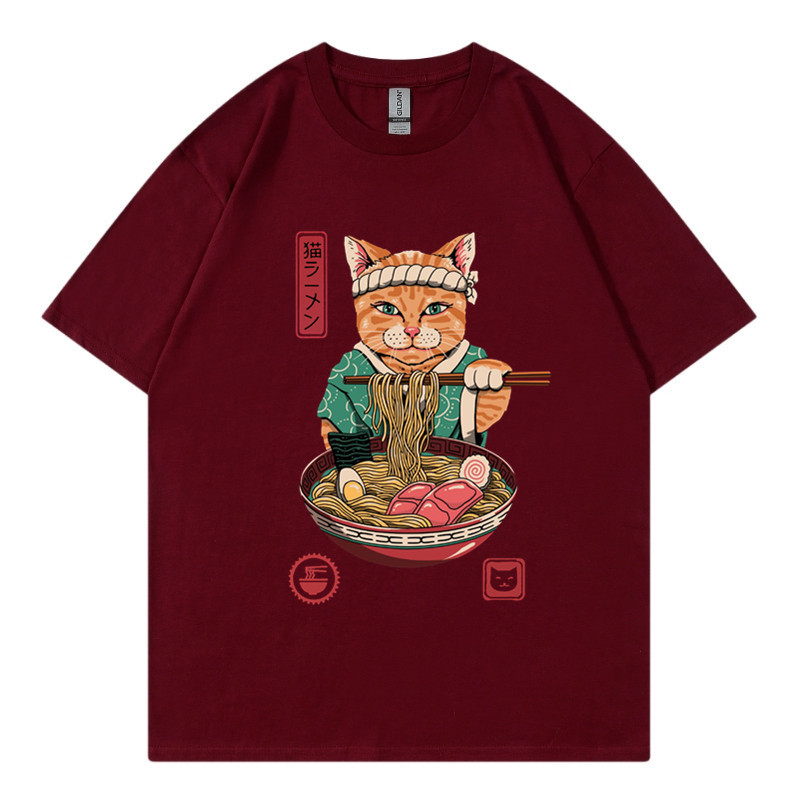 New Zhuoli station Kung Fu cat eating noodles printed t-shirt men's and women's Casual Short Sleeve round neck top_voghion.com