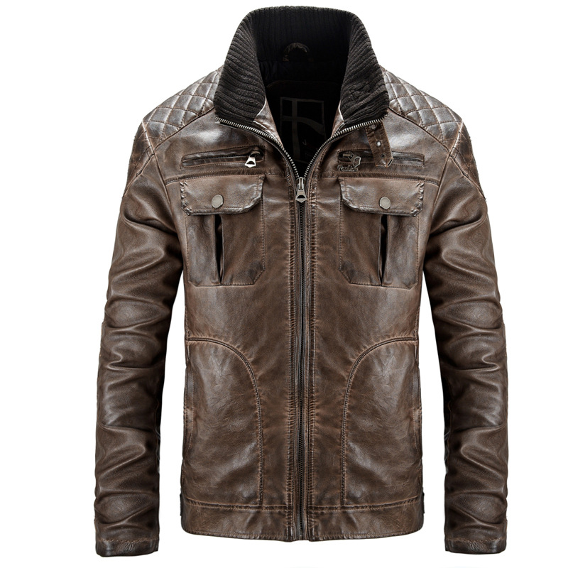 Multi pocket distressed washed PU leather jacket, oversized trendy and fashionable men_voghion.com
