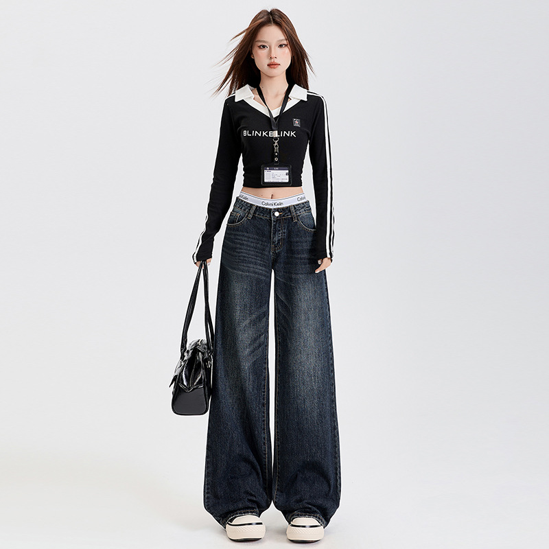 American Retro Straight-Leg Jeans for Women, Slimming Versatile New Spring and Autumn Loose Drape Wide-Leg Pants