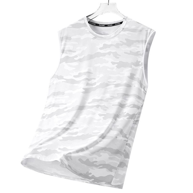 Camiseta sin mangas casual de secado rápido con estampado de camuflaje de verano de seda de hielo para hombre Camiseta deportiva suelta fresca para hombre transfronteriza