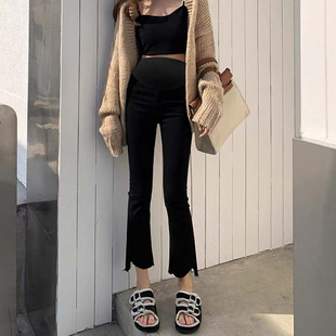 3022 maternity pants high elastic Korean cotton spring and autumn belly support pants casual micro flared pants frayed outer wear fashion trousers