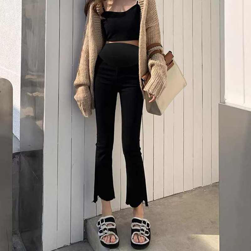 3022 Pregnant Pants with High Elasticity, Korean Cotton, Spring and Autumn Style, Casual Micro-Flare Pants, Fringe, Outerwear Fashion Long Pants
