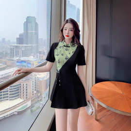 足浴技师工作服改良旗袍拼接小黑裙短裤两件套美容院美容师工服
