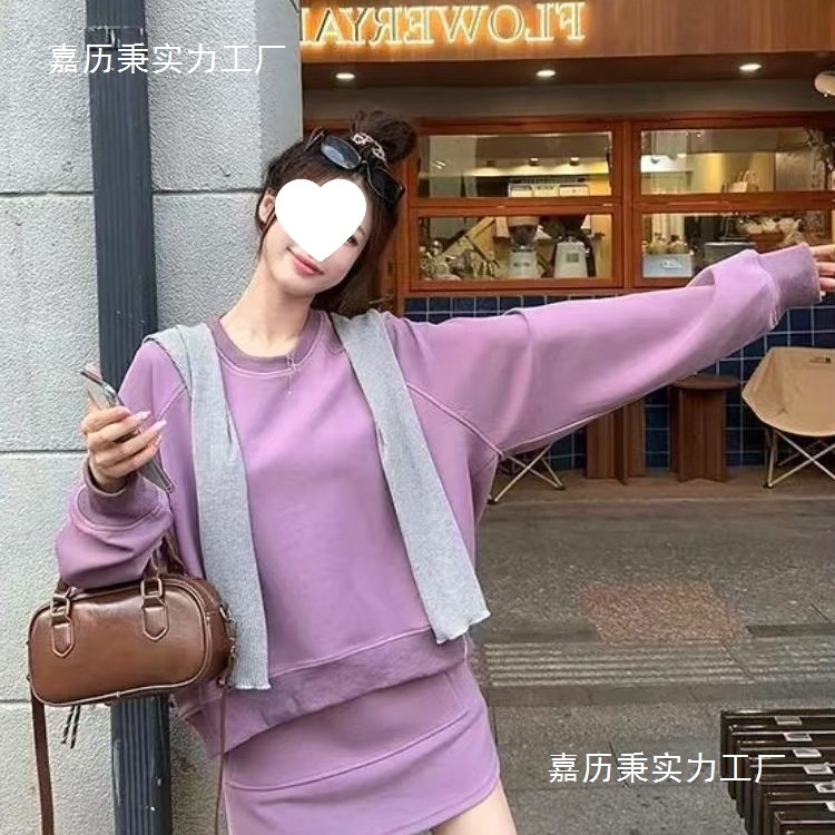 2025秋冬季新款紫色卫衣套装女圆领长袖上衣+松紧腰半身裙两件套