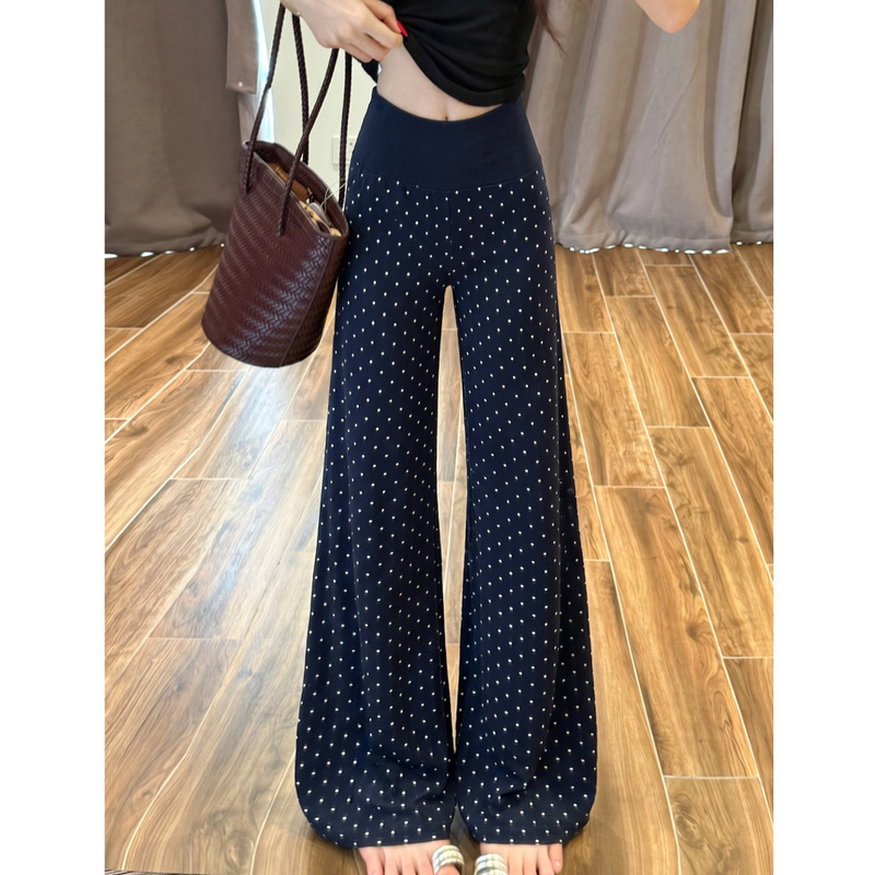 Navy blue polka dot flared pants for women, summer 2026 new style, super stylish casual high-waisted slimming yoga sports pants