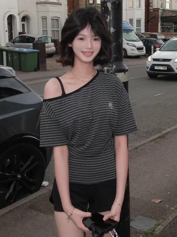 条纹刺绣斜肩短袖t恤女夏季新款修身显瘦露肩美式甜辣妹上衣潮ins|undefined