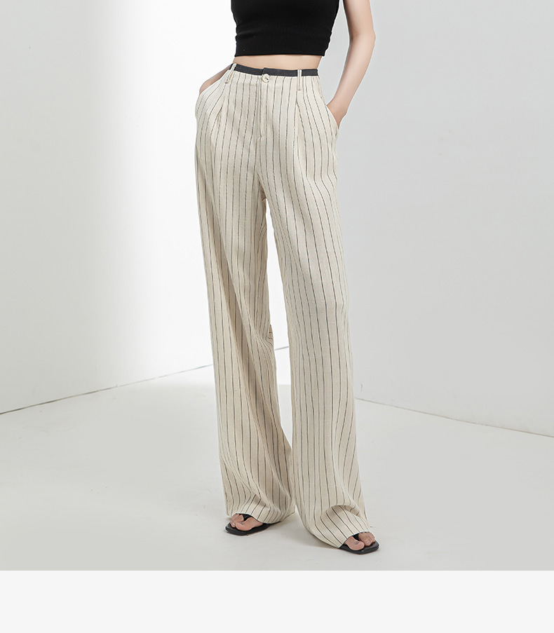 Quần culottes nữ ống rộng vải lanh sọc dọc, cạp cao phối màu, dáng suông thoáng mát — Vải gai sọc chi tiết 6