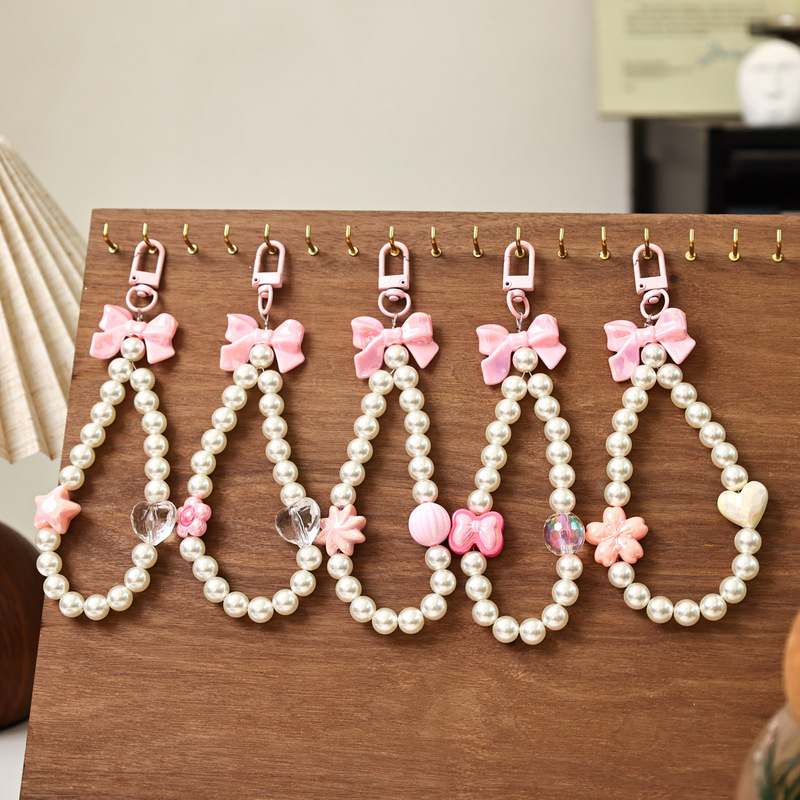 Candy-Colored Plated Beaded Phone Chain, Bowknot Heart Keychain, Small Bag Pendant, Bracelet, Imitation Pearl Bracelet