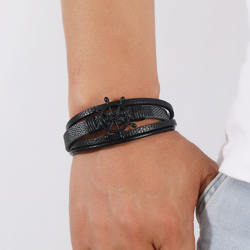 25g Weight Bangle Classification 1 Piece Quantity Daily, Street Occasion Pu Leather, Alloy Material Rudder Pattern Men's Gender Retro Style Retro Rudder Pu Leather Alloy Men's Bangle Men Cord & Leather Bracelets 3