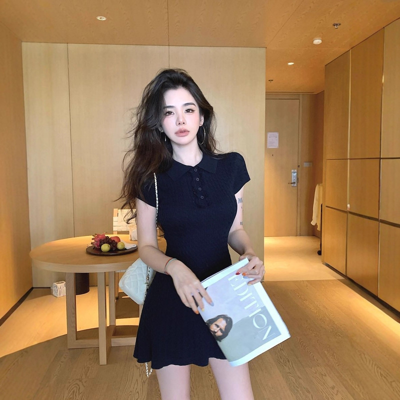 Elegant Polo Collar Knitted Waist Dress for Women Summer New Korean Style Slim and Versatile Long Skirt Ins Style