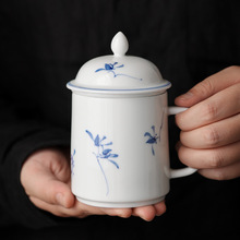 釉下纯手绘办公杯蝴蝶兰将军杯猪油白带盖三件套马克杯个人泡茶杯