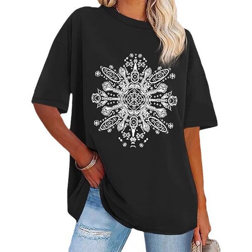 Women's Summer Short-Sleeve Loose T-shirt with Sunflower 3D Print Pattern