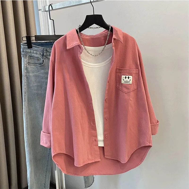 Smiley Pocket Corduroy Shirt Women's Long-Sleeved Autumn and Winter New Loose and Versatile Casual Warm Layered Shirt Jacket