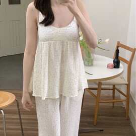 韩国ins女士夏季新品韩系双层棉纱满天星家居服吊带套装带胸垫女