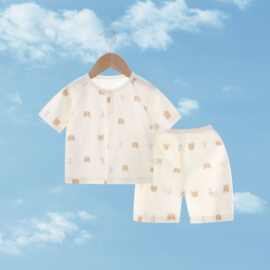 婴幼儿薄款皱皱棉套装卡通可爱家居服男女宝宝休闲夏季空调服