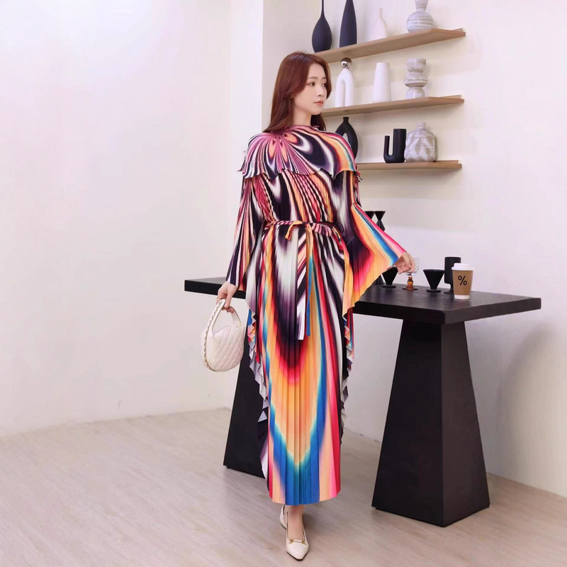 Miyake Bat Sleeve Dress for Women, Spring and Autumn Japanese Style Kimono, High-End Pleated, Stylish Plus-Size Printed V-Neck Long Dress