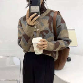 复古撞色豹纹毛衣女宽松外穿韩范儿慵懒风女士常规款针织开衫女潮