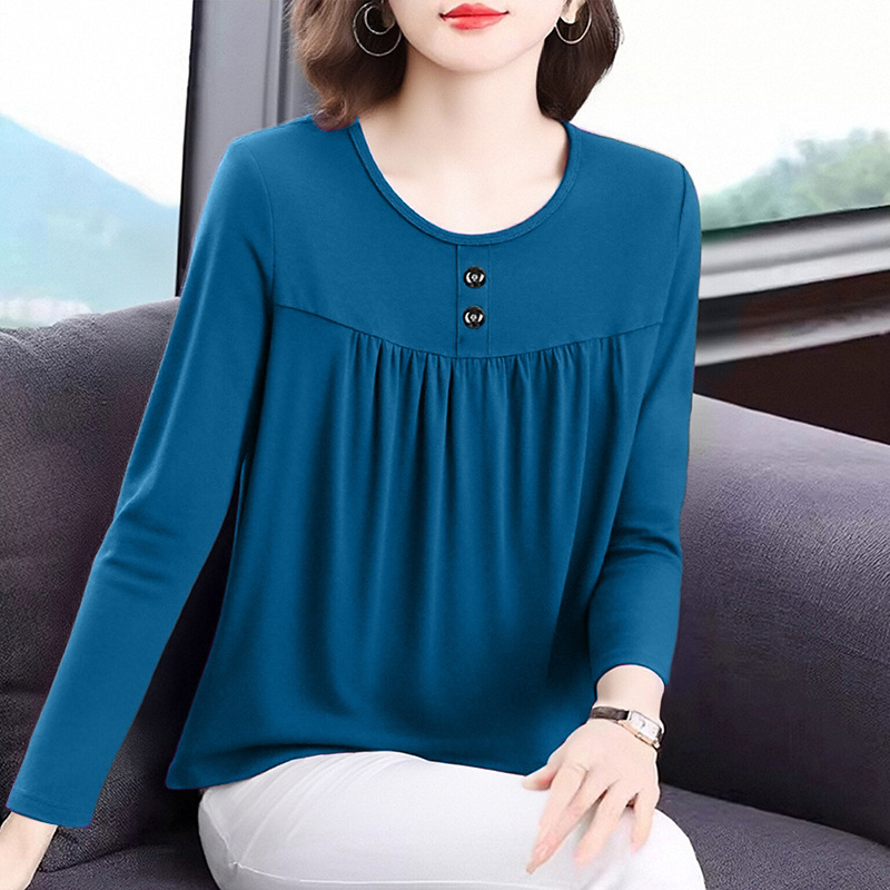 Mom's Large Size Long-Sleeved Belly-Covering Top, Autum Round Neck Button Design Loose Slimming Look Women's T-Shirt Mom's Large Size Long-Sleeved Belly-Covering Top, Autum Round Neck Button Design Loose Slimming Look Women's T-Shirt