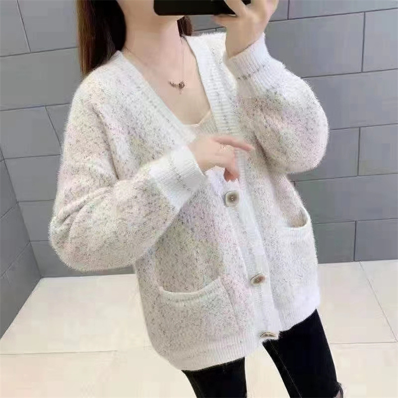 雪尼尔针织开衫女 韩版宽松拼色V领毛衣秋冬新款仿貂慵懒风外套厚