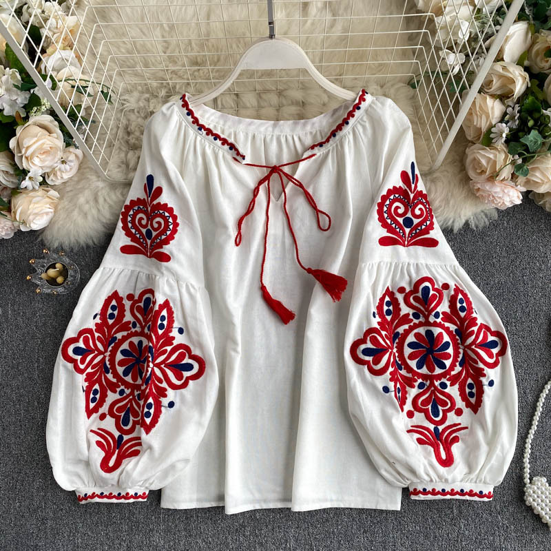 Cross-Border Ins Travel Photography Retro Ethnic Style Heavy Embroidery Lace-Up Tassel V Neck Style Lantern Sleeve Top Women's Loose Cross-Border Ins Travel Photography Retro Ethnic Style Heavy Embroidery Lace-Up Tassel V Neck Style Lantern Sleeve Top Women's Loose
