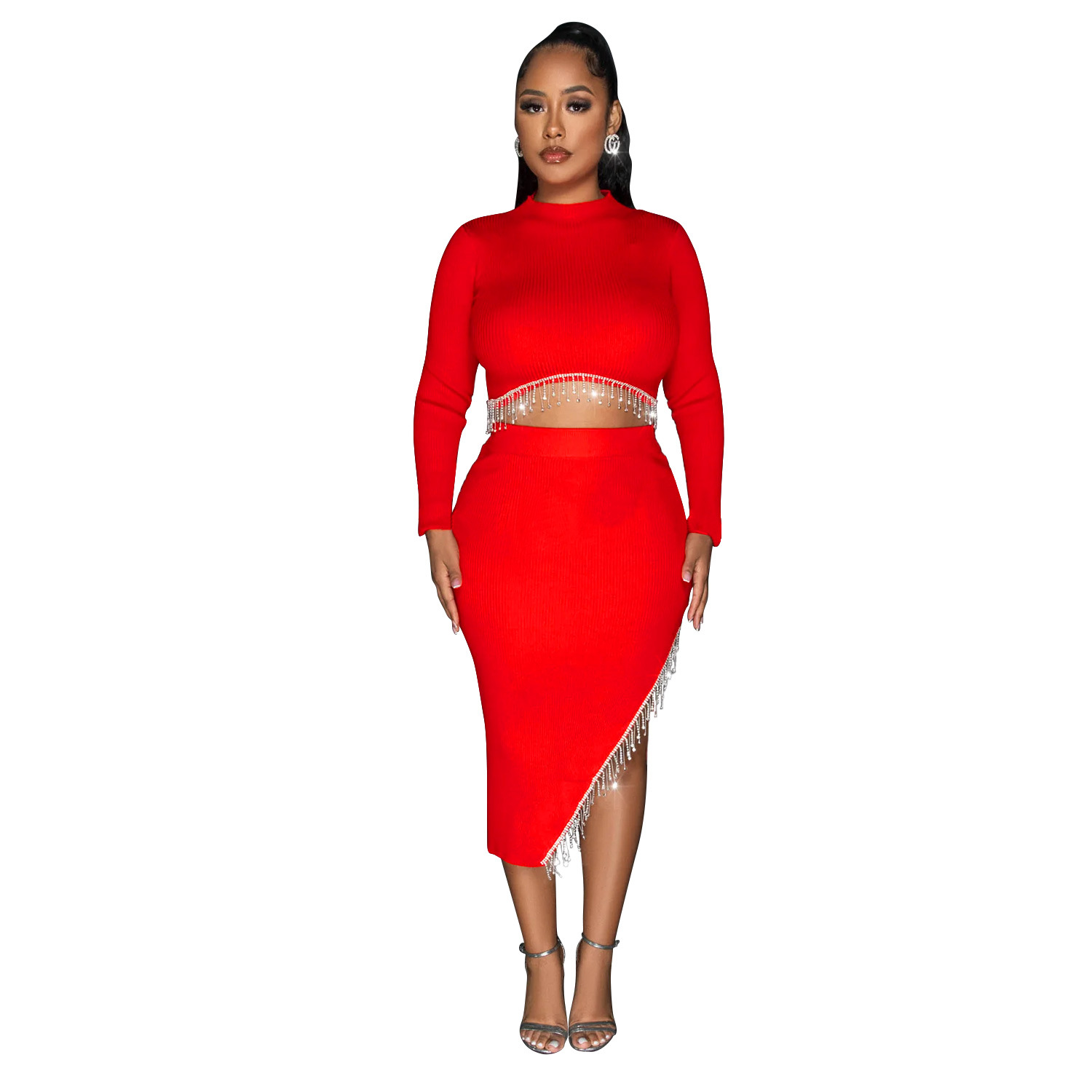 C6829 transfronteriza AliExpress Amazon ropa de mujer de moda europea y americana color sólido manga larga ombligo vestido conjunto de dos piezas para mujeres