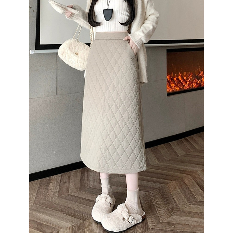 Gonna midi GraceChic in cotone trapuntato spesso con spacco posteriore per donna, gonna aderente a trapezio a vita alta, calda e snellente per autunno inverno_voghion.com