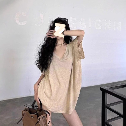 Fat MM 300 pounds extra-large summer sexy temperament V-neck dropped shoulder short-sleeve T-shirt for women loose and slimming top