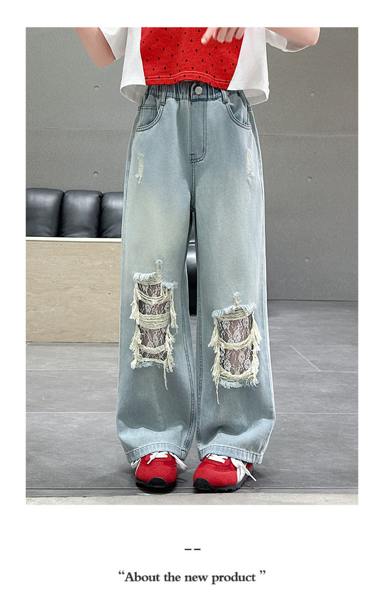 A25036 Style Ripped Lace Jeans Wide Leg New Children's Miscellaneous European And American Jeans_viptrois.com