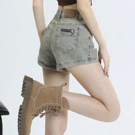 夏季ins甜辣妹高腰弹力包臀a字热裤子阔腿美式复古做旧牛仔短裤女