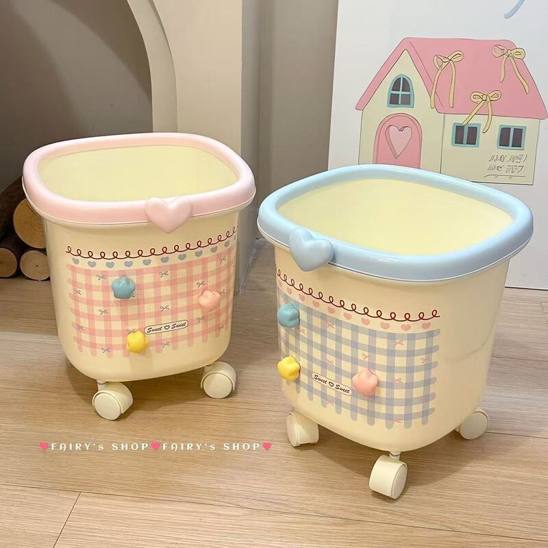 Sweetheart Girl Trash Can with Pulleys, High-Looking Household Paper Basket, Living Room, Large Capacity, Removable Girl Ins Style