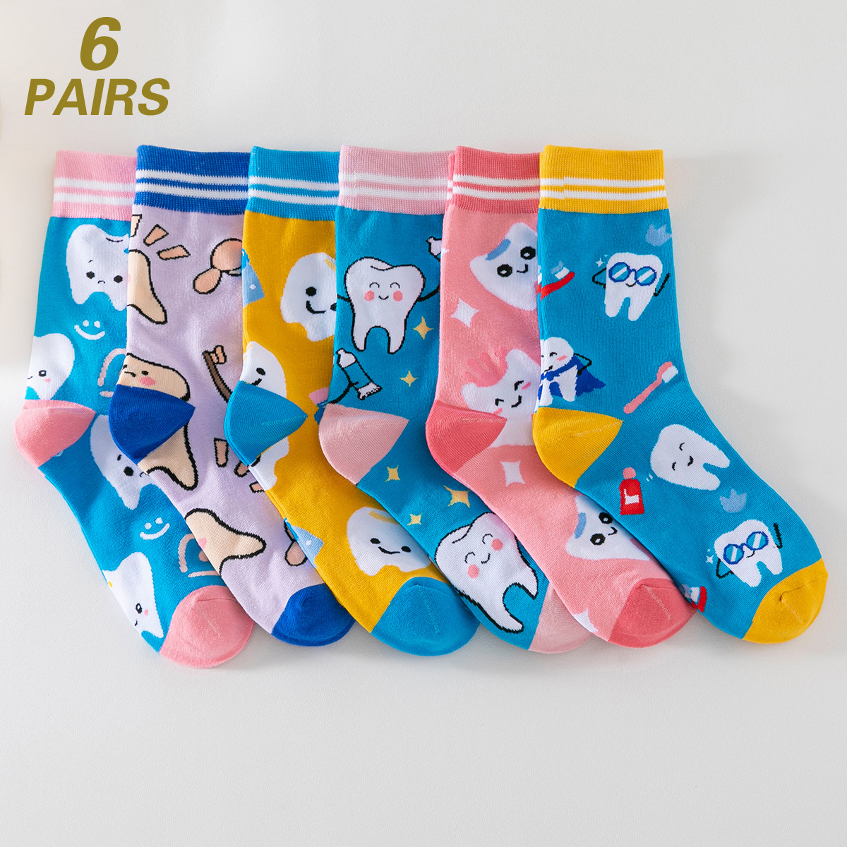 6 doble cartón de dibujos animados dientes de moda calcetines de algodón calcetines dientes femeninos calcetines de moda juveniles