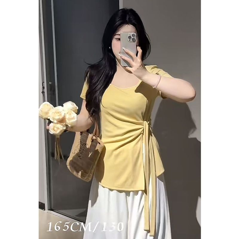 外国貿易卸売夏の半袖新しいウエスト Tシャツスリムスクエアカラーデザインニッチ不規則なトップ Tシャツ女性用|undefined