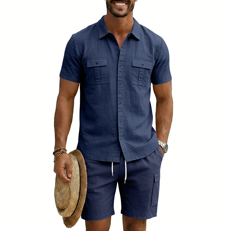 Men's Summer Linen Shirt And Work Shorts Set Casual Sports Outdoor Loose Fit Short Sleeved Collared Suit_viptrois.com