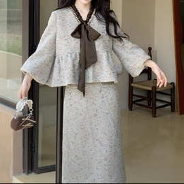 【甜柔织梦】套装秋冬新款女装财阀千金小众老钱风灯笼袖毛呢套装