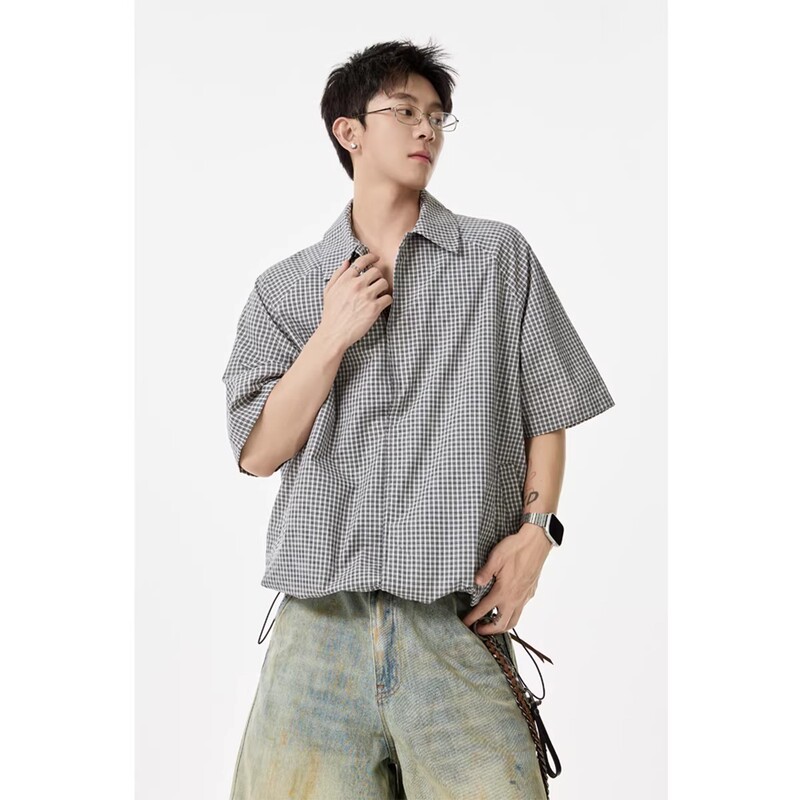 Japanese Retro Style Plaid Short-Sleeve Shirt for Men, Summer Trendy Brand Turn-Down Collar Shirt, Loose Casual Cardigan Jacket Japanese Retro Style Plaid Short-Sleeve Shirt for Men, Summer Trendy Brand Turn-Down Collar Shirt, Loose Casual Cardigan Jacket