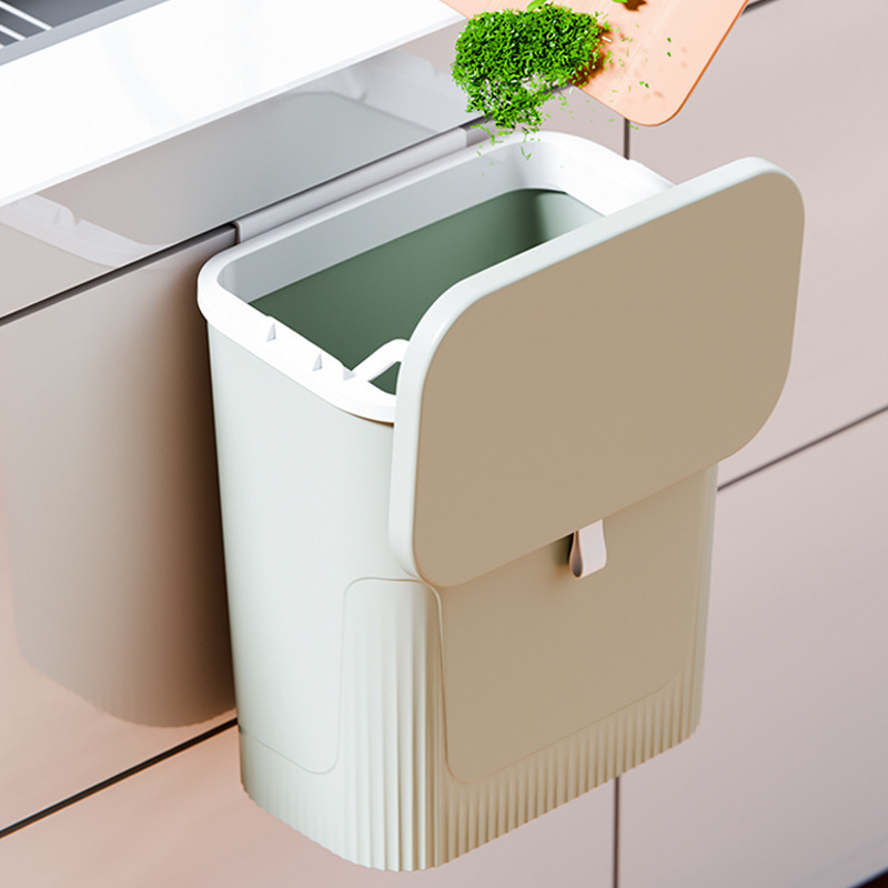 Plastic Wall-Mounted Trash Can with Lid, No-Drill Required, Hanging Trash Bin for Kitchen Cabinet Doors, Bathroom Wall-Mounted Wastebasket