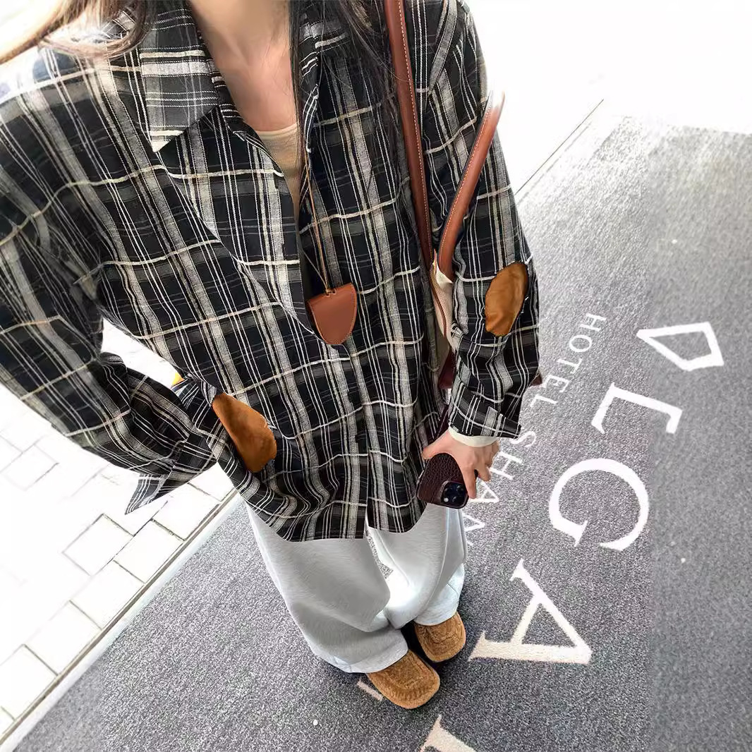 지구 OUYANG 스티칭 격자 무늬 셔츠 코트 여성 가을 디자인 센스 틈새 미국 레트로 셔츠 루즈 탑