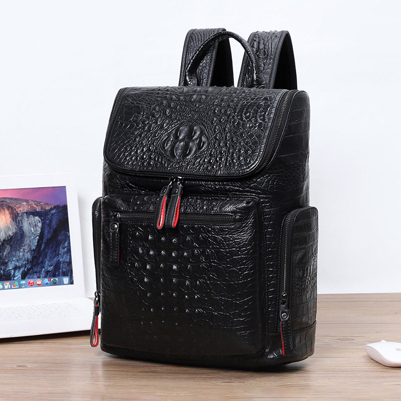 Ba lô da bò thật họa tiết vân cá sấu, ngăn laptop 15.6 inch, 30x11x40 cm — Biển kéo kim loại vân cá sấu, Vân cá sấu màu đen