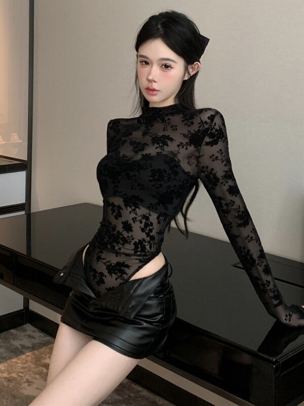 Semi-high Collar Sexy Spice Girl Style Micro-transparent Jumpsuit T-shirt Women's Spring and Autumn Flocking Mesh Slimming Stretch Long Sleeve Top