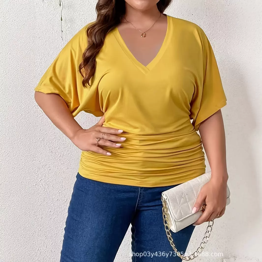 2025新款夏季亚马逊跨境欧美女装宽松纯色v领休闲短袖大码上衣T恤