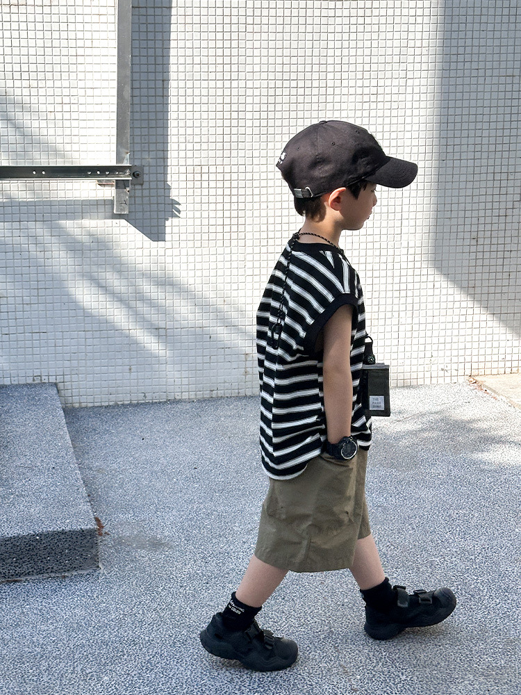 Niños de verano camiseta de mangas cortas chaleco sin mangas 2026 verano nuevo bebé chaleco a rayas sueltas 5
