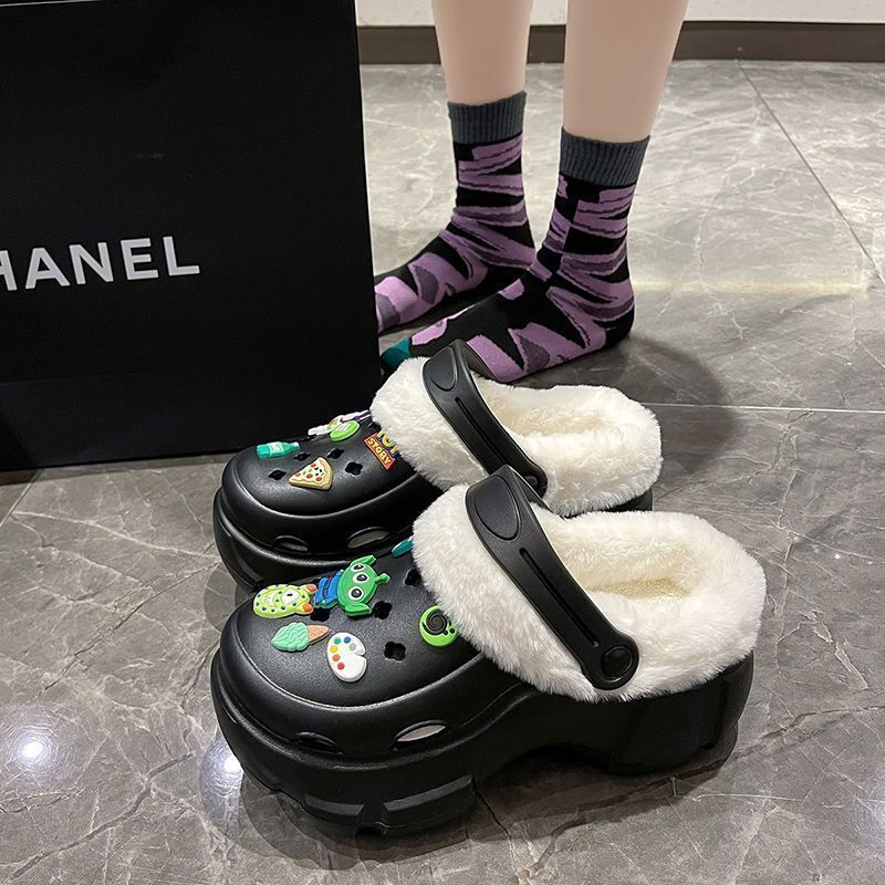 可爱卡通洞洞鞋女2025年冬季加绒保暖厚底防滑可拆卸外穿增高棉鞋|undefined