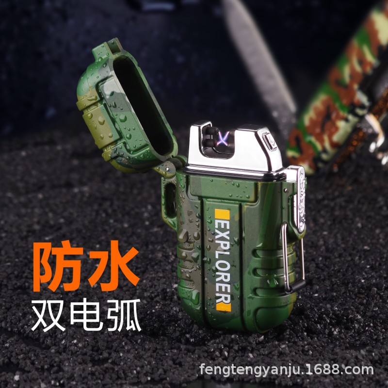 Camping transfronterizo al aire libre a prueba de viento a prueba de agua arco pulso de doble arco encendedor electrónico de cigarrillos USB encendedor recargable