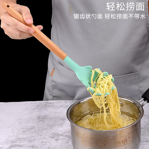 Cross-border wooden handle silicone kitchenware set kitchen non-stick spatula soup spoon colander storage bucket twelve-piece set
