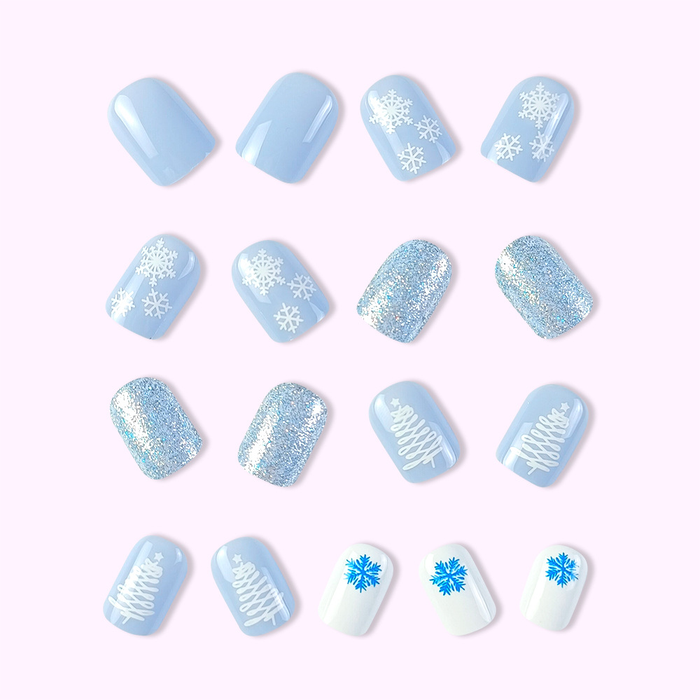 Navidad usable uñas belleza pieza azul y blanco copo de nieve parche de uñas europeo y americano caliente venta desgaste uñas acabado pieza de uñas al por mayor