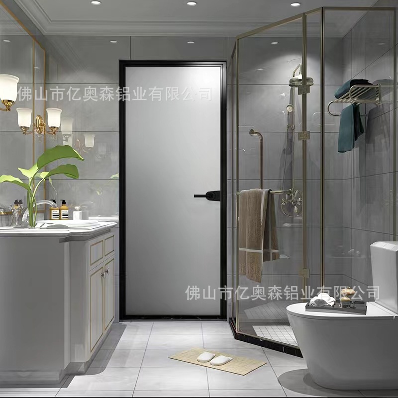 Modern light luxury indoor bathroom sliding door shower narrow frame aluminum ultra-white glass double-sided oil sand glass door