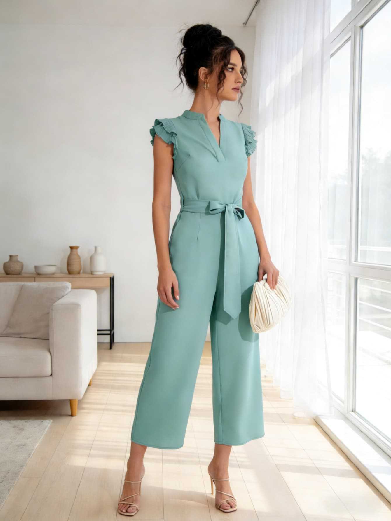 Europa y los Estados Unidos verde claro pantalones de verano para mujeres nuevo cuello en V de lótus lazos temperamento delgado pantalones de piernas anchas tendencia