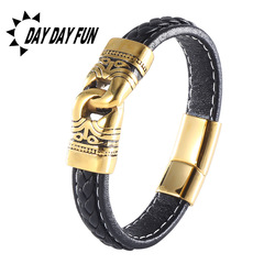 Speedy Selling Laser Engraved Men's 5-Color Leather Rope Braided Stainless Steel Totem Leather Bracelet for Men